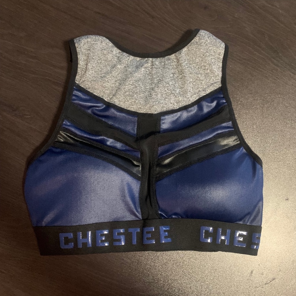 The Chestee Navy Blue and Gray High Neck Sports Bra sz 6 Collarbone Padding
